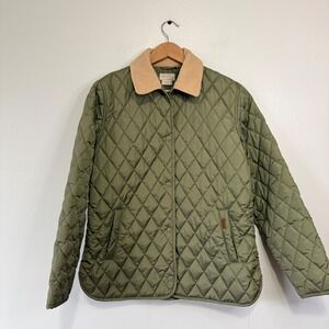 Brixton Womens Quilted Barn Jacket Olive Green Corduroy Collar Snap Front Small